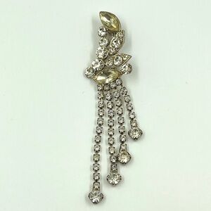 Vintage 1960's Rhinestone Tassel 4" Brooch Silver Tone Foil Dangle Prong